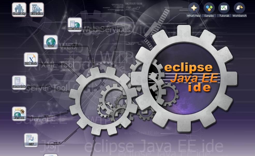 Splash screen for the Eclipse Java EE IDE, with icons arranged in a curve